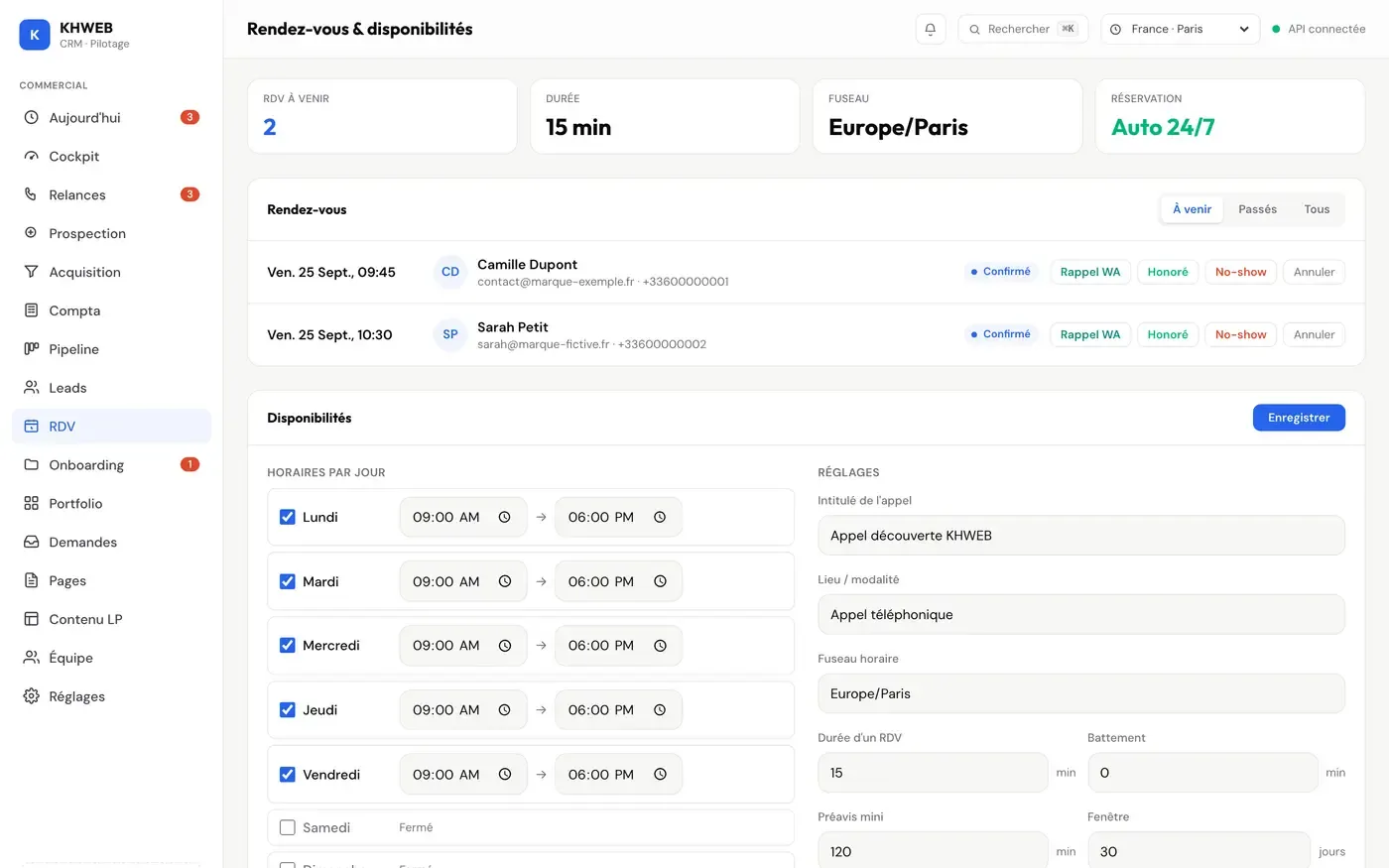 Agenda de réservation du CRM KHWEB (démonstration locale, données fictives)