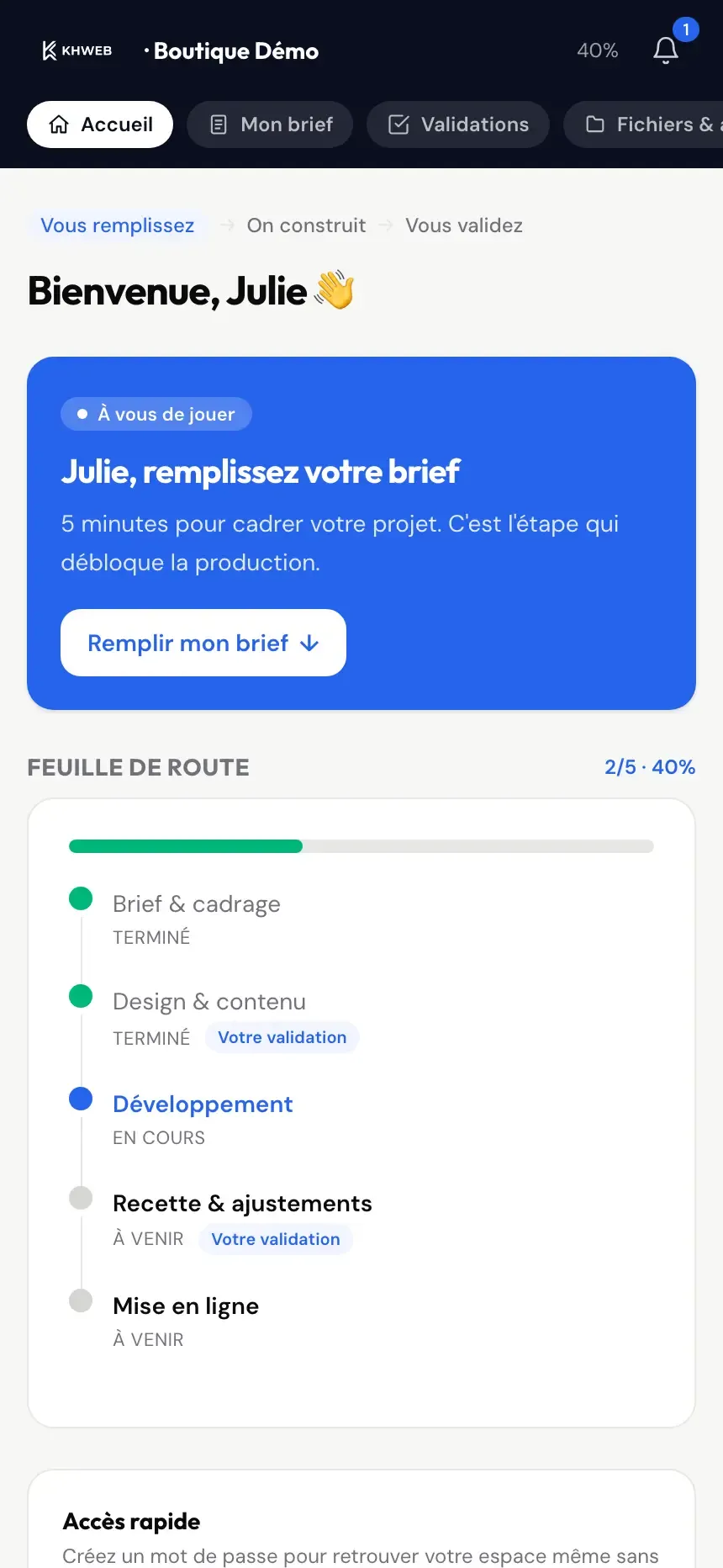 Espace client du CRM KHWEB : feuille de route du projet (démonstration locale, données fictives)